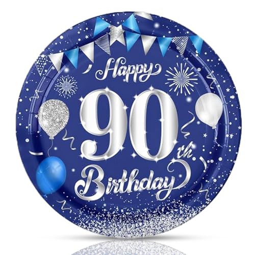 Happy 90th Birthday Party Supplies,50Pcs 7" 90th Birthday Plates,Navy Blue and Silver Disposable Tableware Kit Small Paper Plate Sets,for Men Women 90th Anniversary Party Decorations Supplies