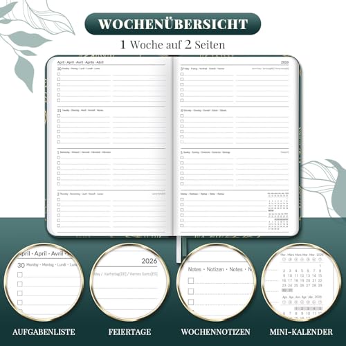 Kalender 2026 Buchkalender A5, 12 Monate Terminkalender mit Wochenplaner von Januar bis Dezember 2026 - Hardcover Kunstleder Taschenkalender Terminplaner - Grünes Blatt