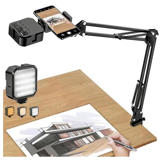 Overhead Phone Mount, Articulating Arm Cell Phone Holder with LED Light, Flexible Phone Stand for Live Streaming,Video Recording,Drawing,Cooking (Black)