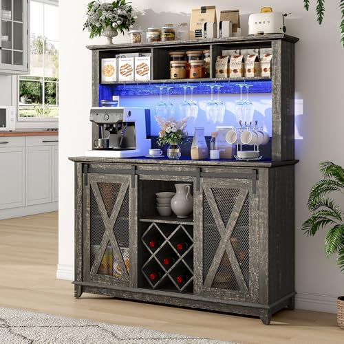 Image of 47 inchWide 56 inchH Farmhouse Coffee Bar Cabinet with Power Outlet and LED Light,Wine Bar Cabinet w /3 Storage Hutch,Kitchen Buffet Cabinet with 10 Wine and Glass Racks for Kitchen Dining Room(Dark Oak)
