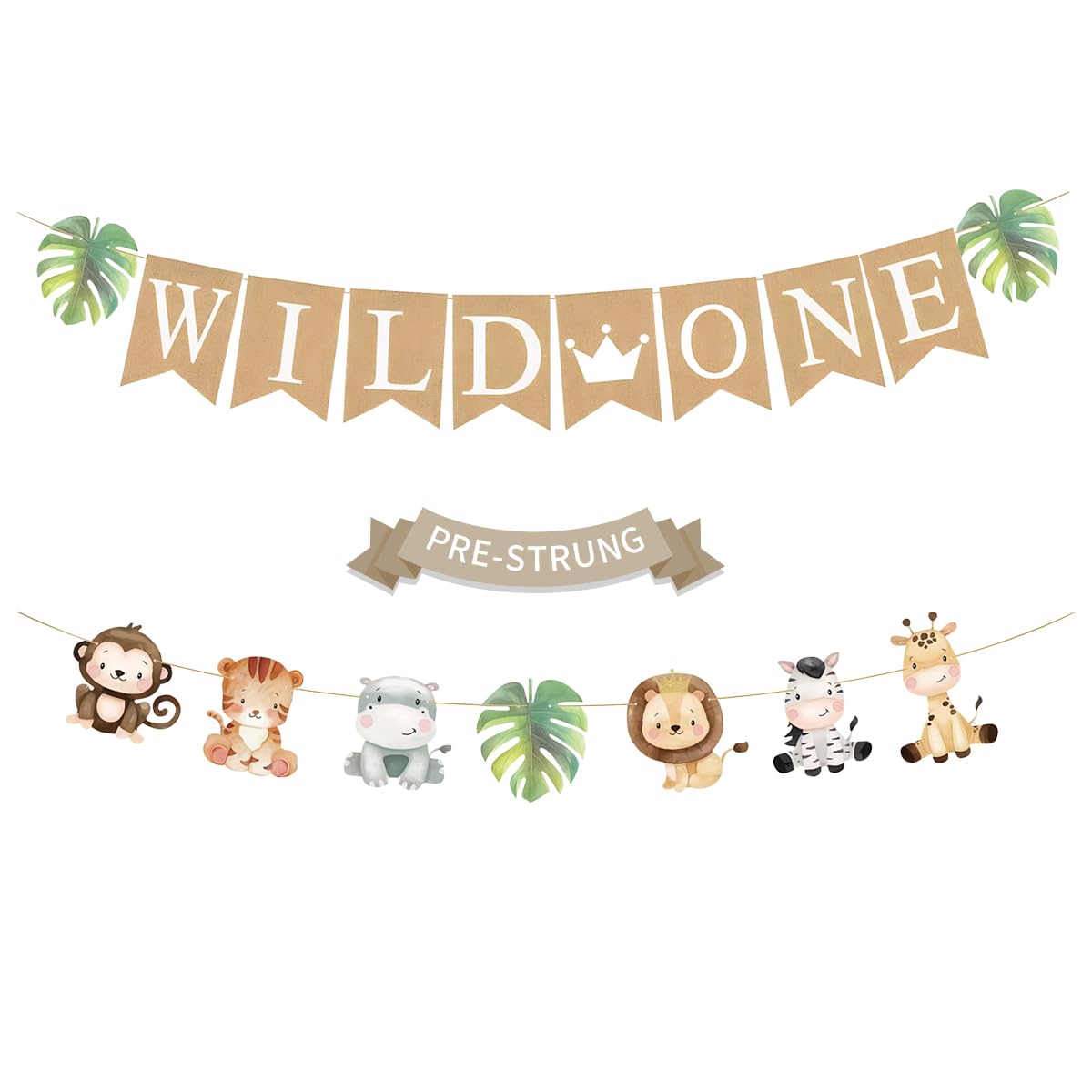 Weecent Pre-Strung 6ft Burlap WIld One Banner for 1st Baby Birthday Decorations Jungle Safari Theme Neutral Jungle Animals Gender Reveal Party Decor
