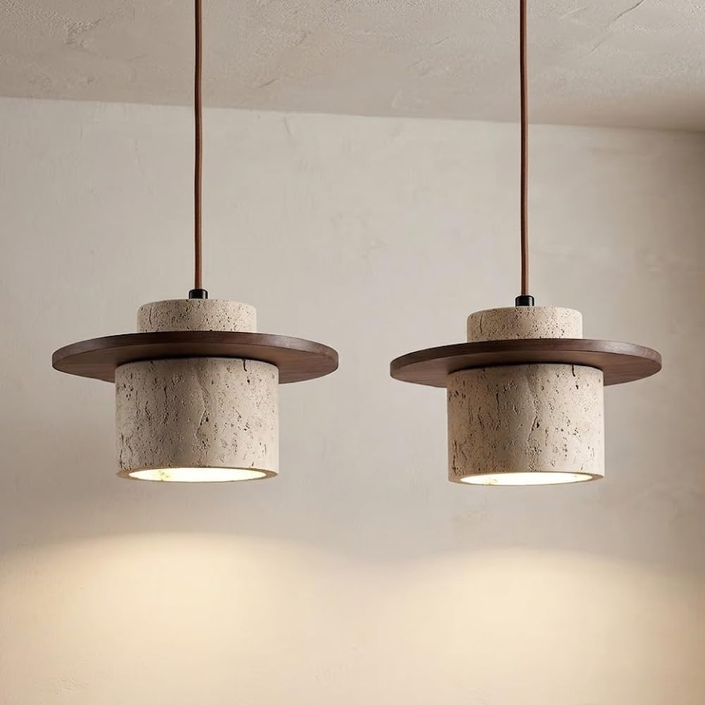 COSRUB Japanese Travertine Pendant Lights Set of 2, Cylindrical Stone Chandelier with Wooden Disc Nordic Farmhouse Small Hanging Lamp for Bedside Dining Room(Walnut)