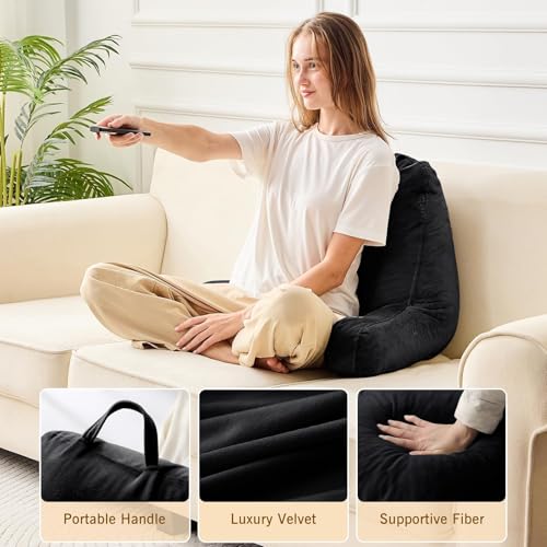 Image of Sasttie Reading Pillow, Velvet Back Pillow for Bed Sitting Up, Adult Back-Rest Support Cushion with Arms for Sit Up on Couch, Sofa, and Floor, Dorm Essentials, Reading Accessories, Black