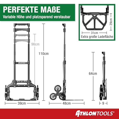 ATHLON TOOLS Treppensteiger Sackkarre klappbar TÜV geprüft – Profi Treppensackkarre aus Aluminium leicht - Extra Langer Griff 110cm & Ladefläche mit Anti Rutsch Pads - Transporthilfe für Treppen