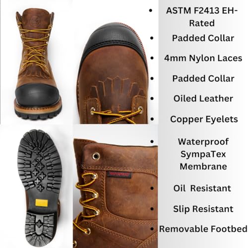 GOODVILLE Men's Catskill-Series 9" Composite Toe Waterproof Logger Work Boots for Men, ASTM-F2413 EH-Rated, Lace Up Industrial and Construstion Work Shoes with Oil and Slip Resistant Outsole, Durable, Quick Dry, Comfortable, Brown - LS101W3