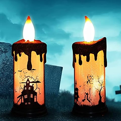 JEROSHE Halloween Flameless Candles (2 Pack) Flickering LED Candles Battery Operated Candles Warm Light Halloween Decorations with Ghost Castle for Indoor Outdoor Cover