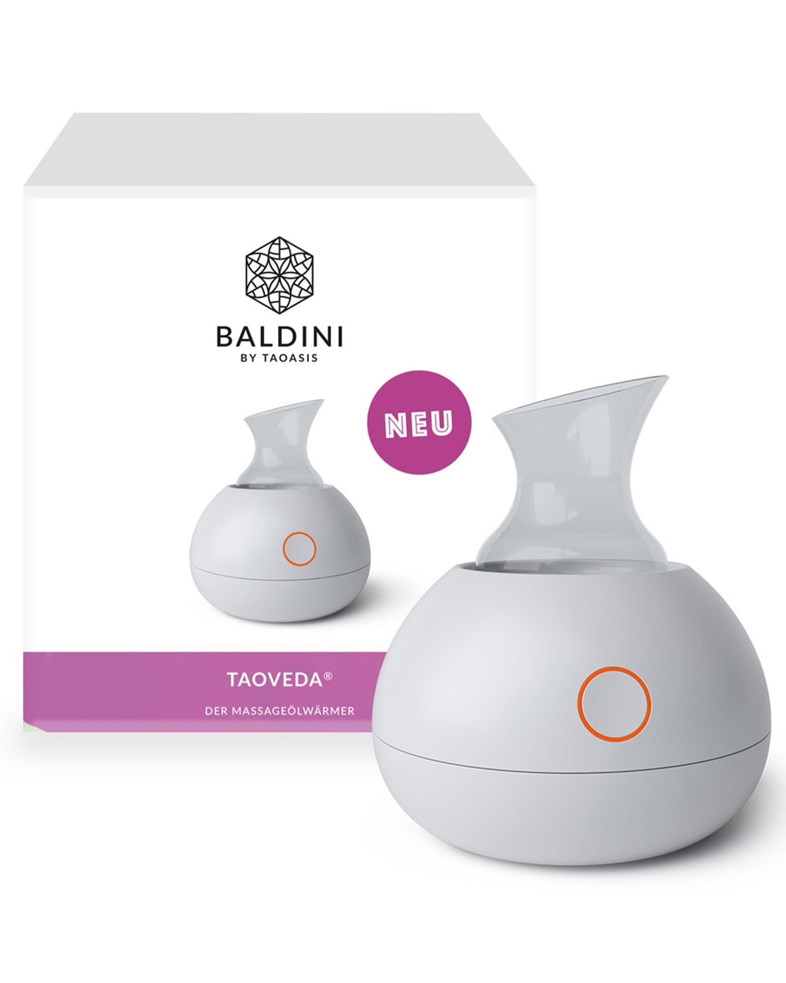 Baldini TaoVeda Massageölwärmer – Elektrischer Massageöl-Erwärmer, 50 ml Glasgefäß, 3 Minuten auf 50 °C