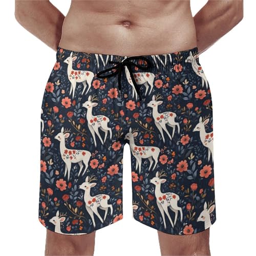 Mens Swim Trunks, Floral Deer Print Swim Shorts with Mesh Lining Swimwear Bathing Suits Quick Dry