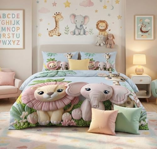 Image of HOMEKART Kids Cloud Cotton Bedsheet Double Bed | 210 TC Cartoon Printed Bedding Set with 2 Pillow Covers 7D| Soft, Wrinkle-Free | 108 x 108 Inches (Cute Jungle Animals)