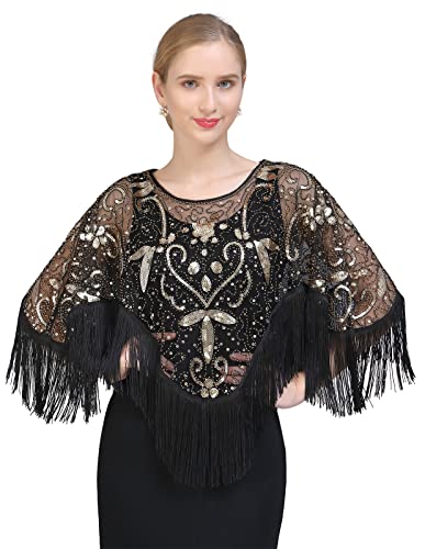Z&X Women's 1920s Beaded Sequin Shawl Wrap Fringed Evening Party Cape Wedding Bridal Cover Up Scarf