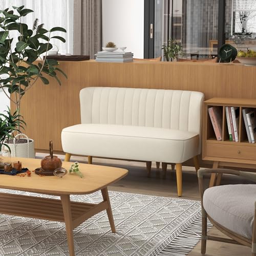 HOMCOM Canapé 2 Places, canapé de Salon en Tissu Aspect Lin 117 cm, Assise et Dossier rembourrés et Pieds en Bois d'hévéa, Style Moderne, Sofa pour Chambre, Appartement, Petit Espace, crème – Image 3