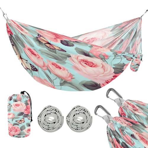 ATTX Pink Flowers Camping Hammock - Lightweight & Portable Hammocks, Heavy Duty 330lbs Capacity for Indoor, Hiking, Backpacking, Travel, Backyard, Beach#473