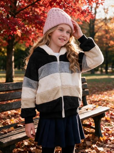 Image of Girls Fleece Jackets Kids Sherpa Fuzzy Zip up Hoodie Fall Winter Contrast color Pullover Sweatshirt 4-12 Years