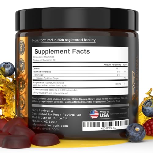 Image of Peak Revival Shilajit Gummies with Manuka Honey - Promotes Optimal Recovery, Increases Energy & Endurance, Mixed Berry Flavor, 100mg per Serving, 60 Count (30 Servings)