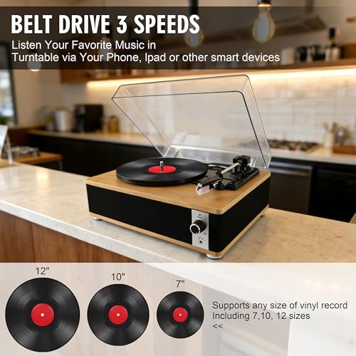 3 Speed Bluetooth Vinyl Record Player, Vintage Belt-Driven Turntable with Built-in Speakers, AUX Input RCA Output Headphone Jack, Retro Phonograph for Home Entertainment, Black — view 6