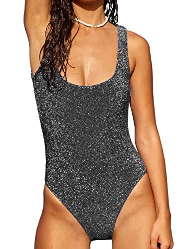 Women's Lurex One Piece Swimsuit Square Neck Tummy Control Backless Bathing Suits