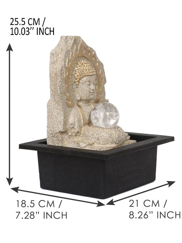 Image of Polyresin Cream Color Buddha Table Top Indoor Waterfall Fountain for Home Decor with LED Lights, Speed Controller Pump & Crystal Ball (Size: 25.5 x 21 x 18.5CM | Weight: 1060grm)