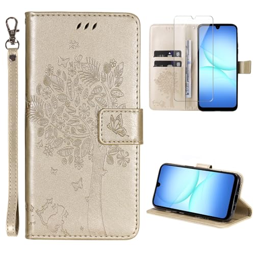 Xauvap Coque Compatible avec Samsung Galaxy A17 4G / 5G avec 1 Pièce Protection Écran en Verre Trempé, Housse Cuir PU Portefeuille, Boucle Magnétique Etui (Or)