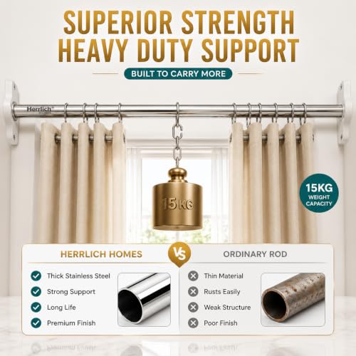 Image of Herrlich Homes Stainless Steel Curtain Rod | Silver & Chrome Finish | Anti-Rust | Sturdy & Durable | Multipurpose | SS Pipes for Door, Window, Shower, Home and Office | 72 Inches | 6 feet, 3 Pipes