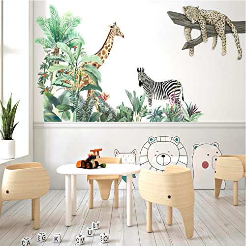Jungle Animal Wall Decal Wild Animals Plants Wall Stickers Leopard Giraffe Zebra Wall Stickers African Animals Wall Art Mural Decoration For Nursery Kids Bedroom Door Window Decor #TOP3