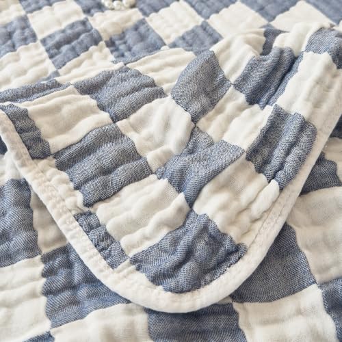 Image of Ultra Soft Cozy 100% Cotton 6-Layer Muslin Baby Blanket 41 inchx41 inch Breathable Lightweight Checkered Swaddle Blankets for Baby Boys Essentials Birthday Gifts All Seasons Both Sides (Blue)