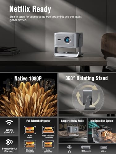 Image of 【Now with Netflix & 3000ANSI】Smart 4K Projector with WiFi and Bluetooth, VISSPL 3D Dolby Audio and Auto Focus Portable Outdoor Projector, Movie Home Theater Projectors for Bedroom /Ceiling