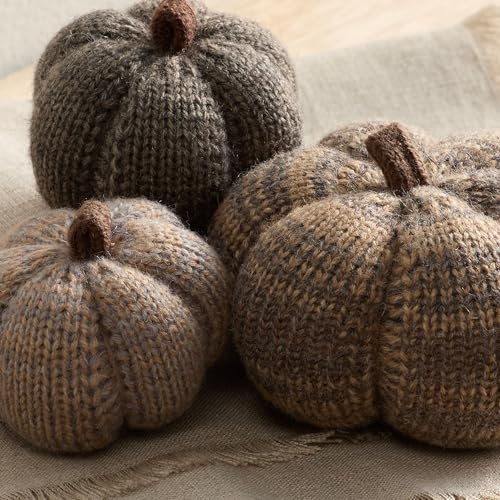 Image of Set of 3 Cozy Mini Knit Pumpkins (Cobblestone Multi-Size Set) | Autumn Bowl Filler, Rustic Farmhouse Table Decor, Multi-size Set, Fall Decor