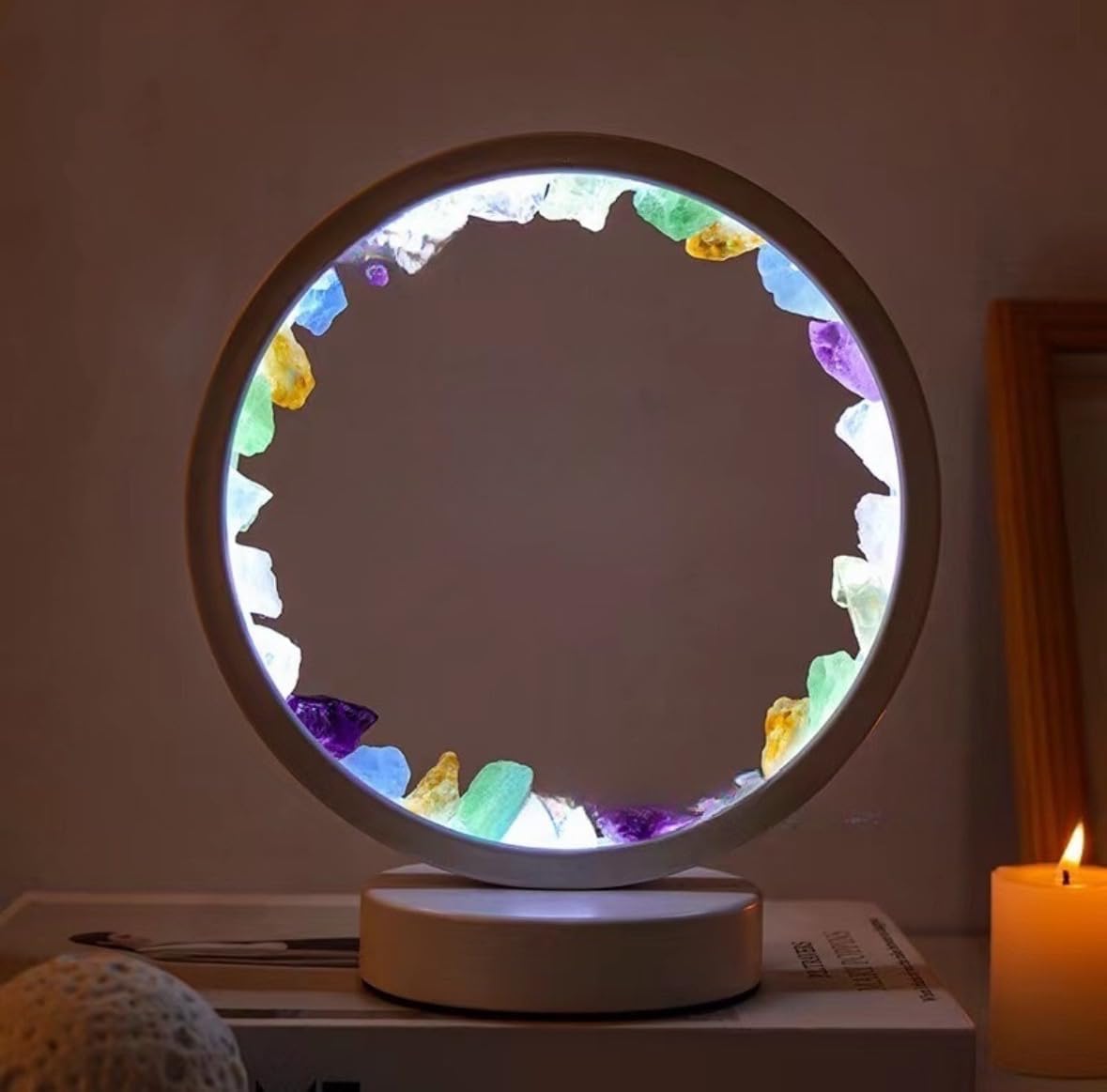 NNOVAT Natural Crystal Lamp, Three Light Modes, Adjustable Brightness, USB Port Power Supply (White Round Chakela)