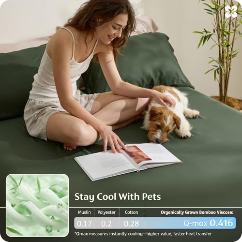 Image of Bedsure PureWoven 100% Viscose Derived from Bamboo, Queen Sheets, 3PCS | Organically Grown, 18 inch Deep Pocket, Cooling Fitted Sheet Set for Hot Sleepers, Luxury Silky Soft, No Flat Sheet, Olive Green