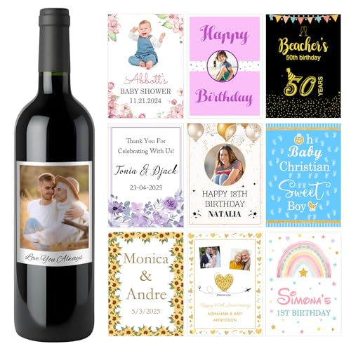 Wine Labels for Bottles Personalized Photo Text Custom Gift for Wedding Birthday Anniversary Retirement Graduation Party