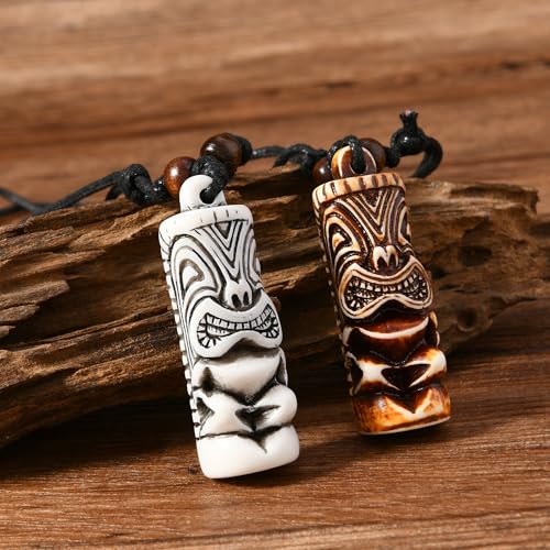 2 PCS Hawaiian Protection Amulet Lucky Pendant Necklace Set Tiki Fish Hook Turtles Tortoise Shark Wolf Tooth Caved Satue Pendant Necklace Handmade Polynesian Ethnic Tribal Vintage Surfer Beach Necklaces for Men Women2