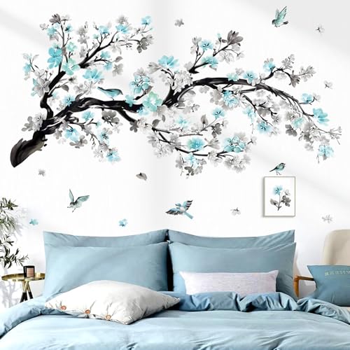 wondever Stickers Muraux Branche de Fleurs Bleu Autocollants Muraux Mural Stickers Floral Bleues Arbre Oiseaux pour Salon Chambre à Coucher Bureau