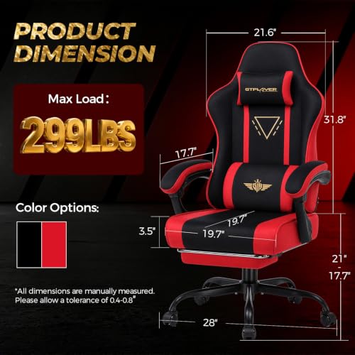 Image of GTPLAYER Video Gaming Chair Fabric, Ergonomic Computer Chair with Footrest and Pocket Spring Cushion, Height Adjustable Video Gamer Chair with Lumbar Support for Adults, Red