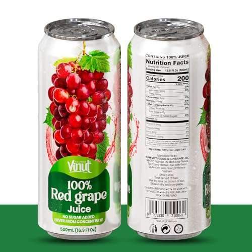 Image of VINUT 100% Red Grape Juice, No Added Sugar, Not From Concentrate, 16.9 fl oz (500 mL) Can, Pack of 12