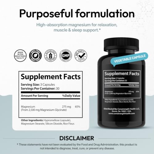 Image of Chelated Magnesium Glycinate Capsules, Magnesium Supplement - 90 Count | Supports calm Sleep, & Muscle Relaxation*, Higher Absorption, Vegan, Non-GMO, Made in USA, Third-Party Tested