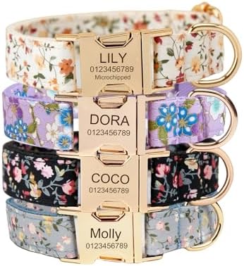 Personalized Dog Collar with Engraved Metal Buckle – Custom Name & Phone Number – Adjustable for Small, Medium, Large Breeds (Floral)