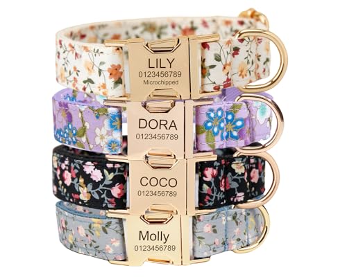 Personalized Dog Collar with Engraved Metal Buckle - Custom Name & Phone Number - Adjustable for Small, Medium, Large Breeds (Floral)