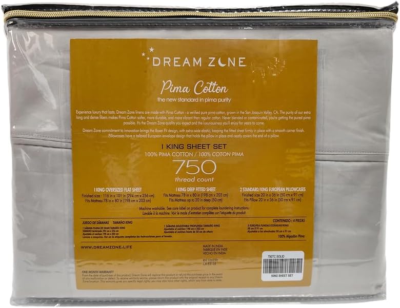 Dream Zone 750 Thread Count Pima Cotton 4 Pcs King Sheet Set in Silver Grey (Silver Grey,King)