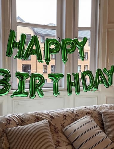 Image of Green Happy Birthday Balloon Banner, 16 Inch Foil Letter Balloons, Green Birthday Decorations for Men Boys Girls, Jungle Dinosaur Gaming Soccer Indoor Outdoor Party Supplies