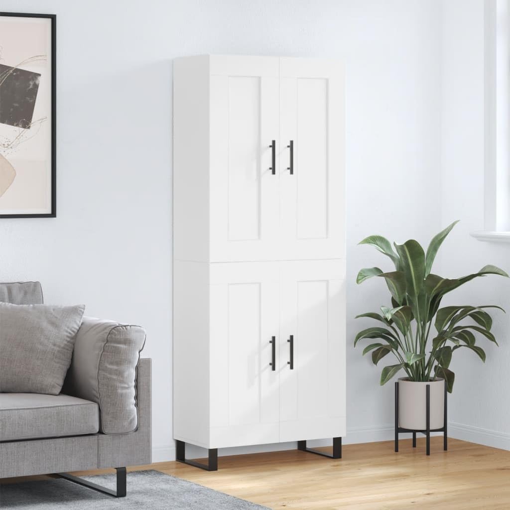 Meuble haut blanc en bois 69,5 x 34 x 180 cm avec pieds en fer, armoire de rangement pour salon, chambre à coucher, couloir, commode moderne, buffet avec portes et étagère