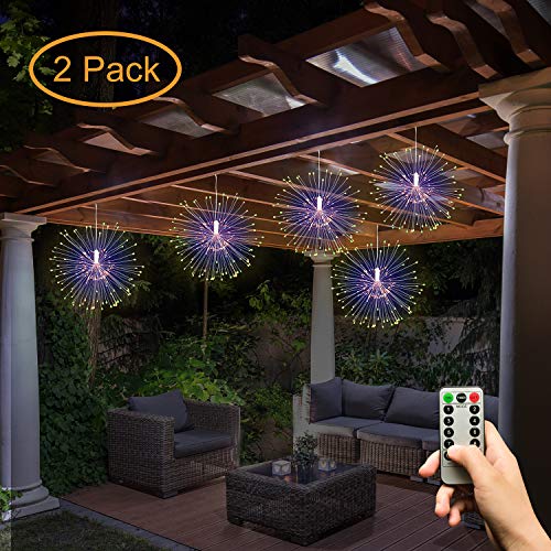 Luces de jardín Ooklee Firework funciona con pilas, 120 luces LED 8 modos impermeables para colgar con mando a distancia Starburst alambre de cobre para decoración interior al aire libre (multicolor)
