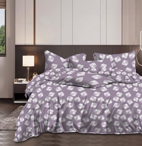 Image of Cotton Bedding Set King Size| 300 TC Double Bed Duvet Cover with Zipper (90x100 in), Double Bed Fitted Bedsheet (72x78+10 in Depth), 2 Pillow Covers (18x28 in) |Warm|DBC 052|Purple Box