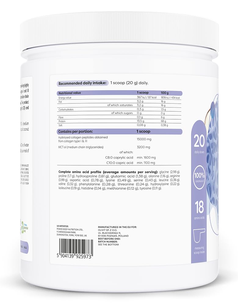 Osavi Collagène Type I & III + huile MCT de coco – 400 g poudre | Peptides de collagène hydrolysés | Acides gras C8 & C10 | 18 acides aminés | Sans sucre | Goût coco