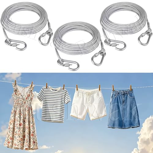 Image of Rushwak Stainless Steel Clothes Drying Rope with Carabiner Hooks Heavy-Duty Rust-Proof Cloth Rope for Drying Clothes Steel Wire for Clothes Drying Hanging Portable Clothesline - 5 Meter (Pack of 3)