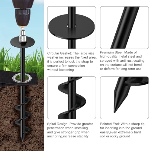 Image of Eurmax USA Ground Anchors Screw in Trampoline Anchors High Wind Tent Stakes Heavy Duty Ground Stakes Trampoline Stakes Anchor Kit Set of 4 Bonus 4 Strong Belt (Black)