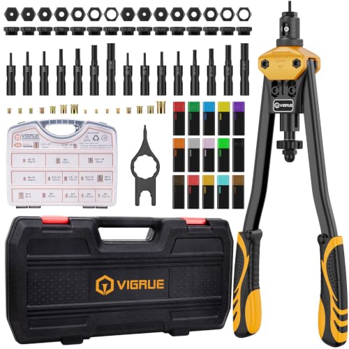 VIGRUE Outil à rivets de 16'' Nusterts, kits d'outils à main avec 15PCS de mandrins métriques et en pouces et 300PCS d'assortiment de rivets métriques et SAE de M3 à M12, 6-32 à 1/2-13 et étui de transport robuste