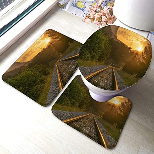 Badteppich-Set, 3-teilig, Geländer, Eisenbahnen, Förster, waschbare Badteppiche, rutschfest, mit Rückenpolster, Konturteppich und Toilettendeckelbezug
