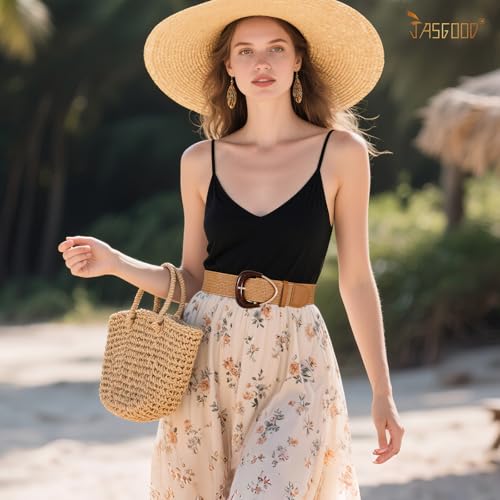 JASGOOD Straw Woven Elastic Waist Belt for Dresses Women Wide Boho Stretch Rattan Belt with Triangle Buckle4