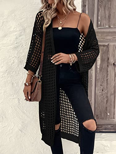 Verdusa Women's 3/4 Sleeve Long Cardigan Lightweight Hollow Out Crochet Knit Open Front Kimono4