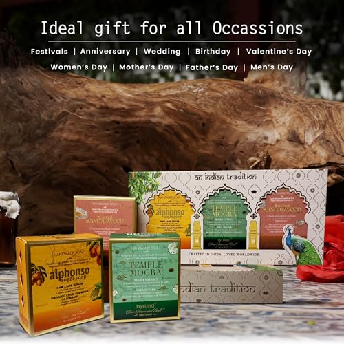 Image of Nyassa An Indian Tradition Handmade Soap Gift Set | 3 Natural Soaps - Sacred Sandalwood, Temple Mogra & Alphonso | raksha bandhan gift hamper | raksha bandhan gift